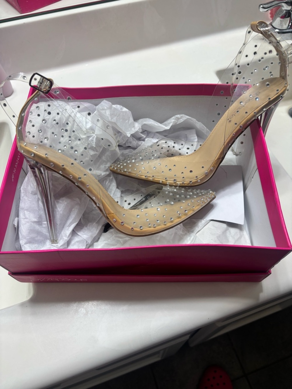 JustFab Crystal Stud Clear Pointed Toe Stilettos - Nude/Clear